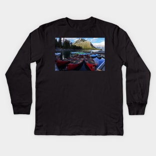 Canoes on Lake Minnewanka Banff National Park Alberta Canada Kids Long Sleeve T-Shirt